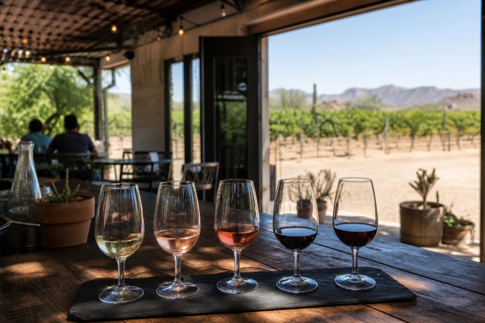 A wooden tasting bar with five small pours lined up on a slate board and a sunlit vineyard visible through an open door