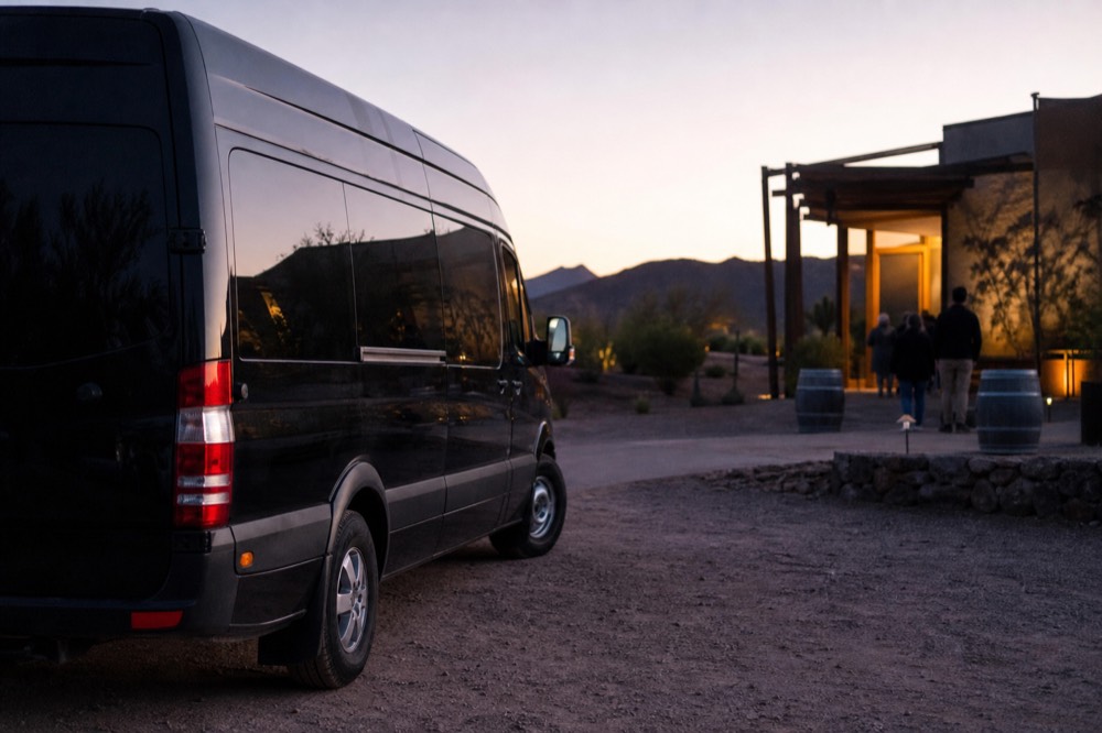 A dark passenger van waiting in a winery car park at dusk with warm light spilling from the tasting room doorway
