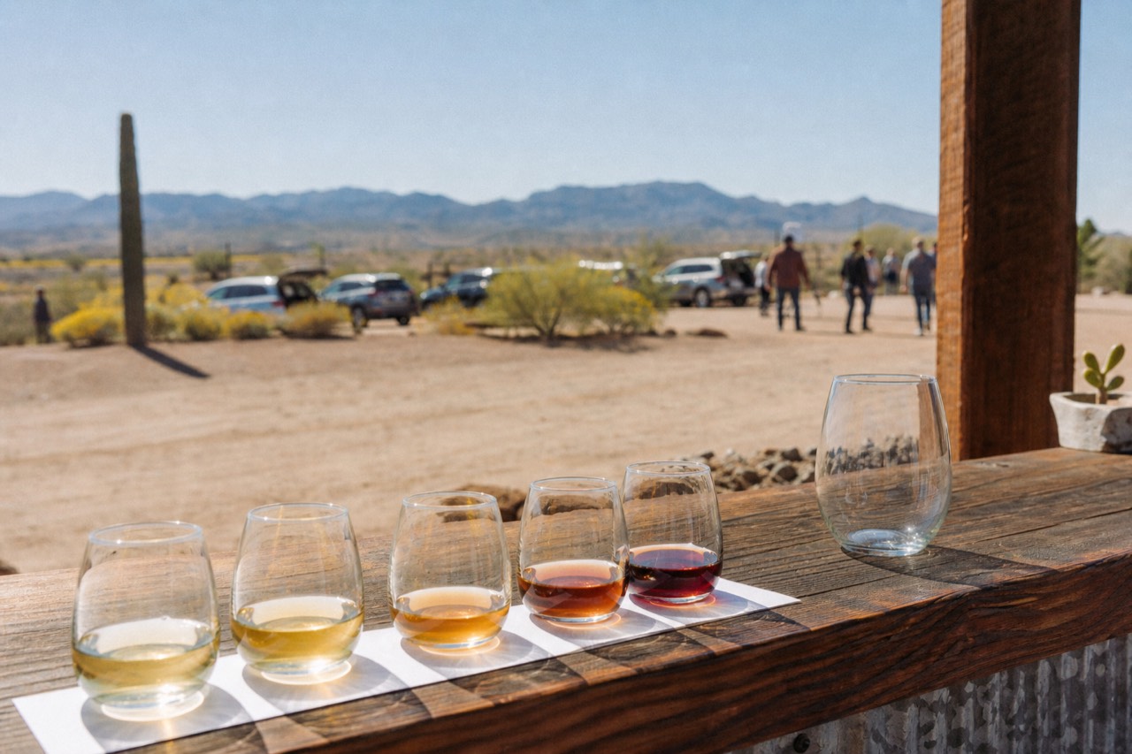 A wooden tasting bar with a flight of five small pours lined up on a paper mat beside a stemless glass