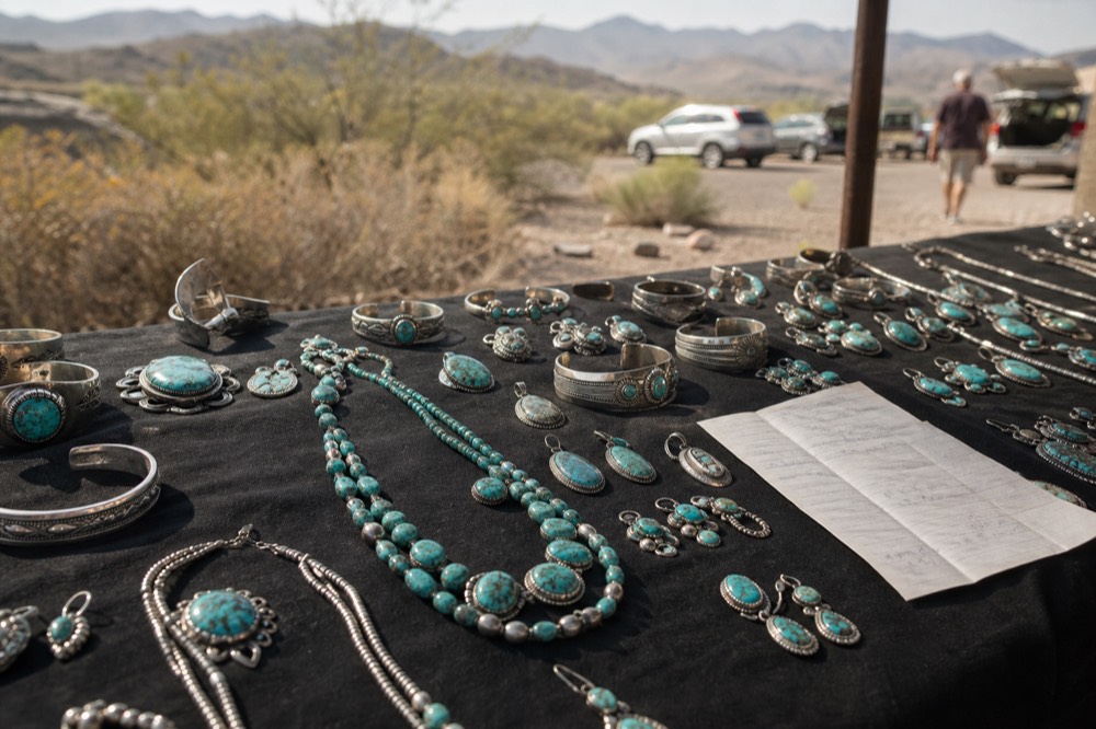 Silver and turquoise jewellery laid out on a dark cloth beside a handwritten paper receipt