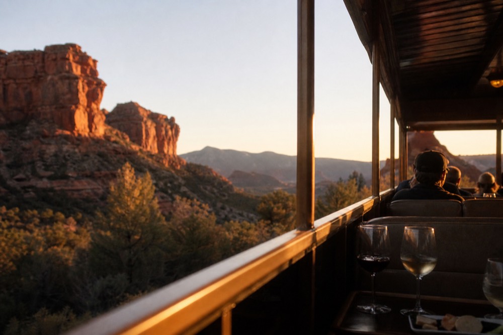 Open-air railway carriage rolling through a red rock canyon at dusk with glasses of wine on a small table by the window