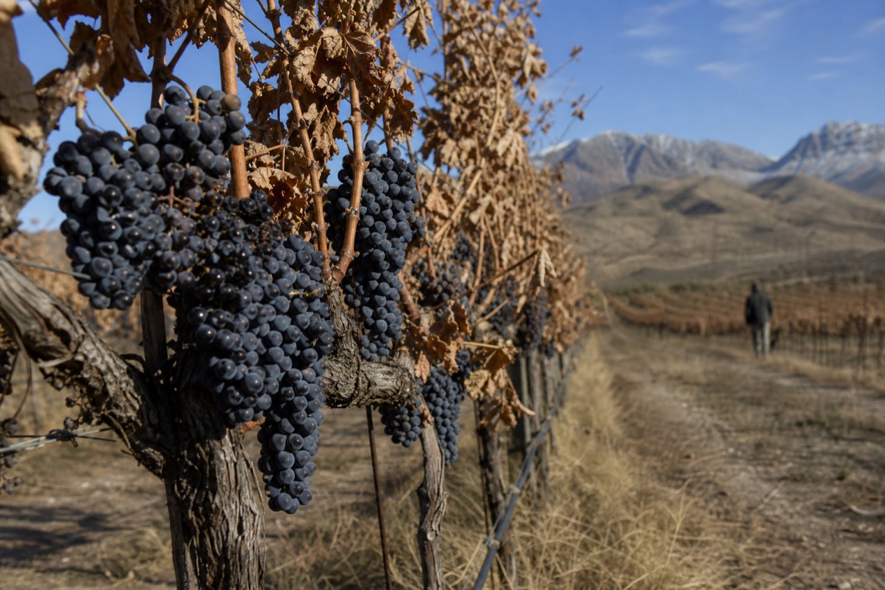 Close view of dark ripening Syrah clusters on a trellised vine with dry sunlit hills behind