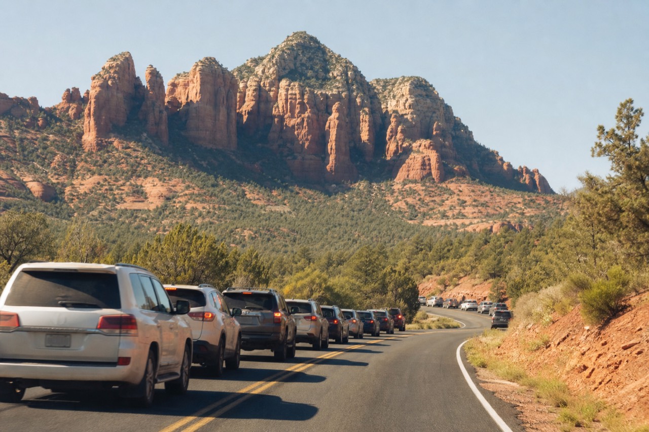 A line of cars backed up along a two-lane road below Sedona's red rock formations on a bright, hazy afternoon