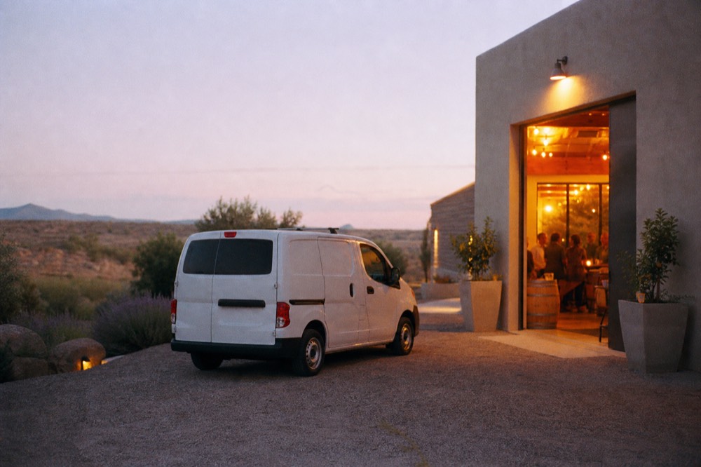 A small van parked outside a low winery building at dusk, warm light spilling from an open doorway