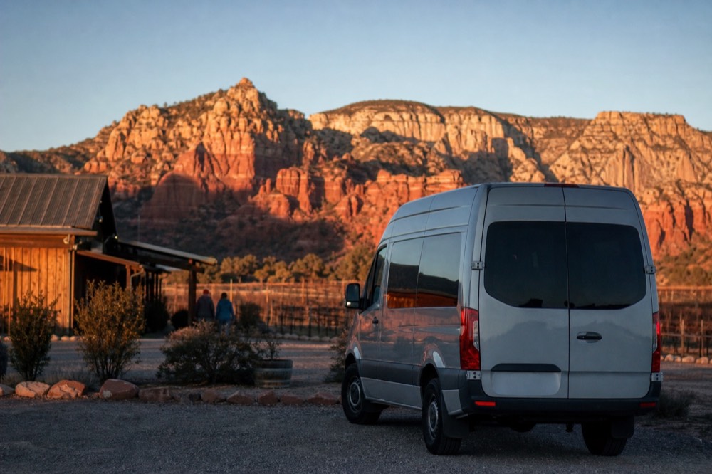 A small-group touring van parked on gravel beside a rustic wooden winery building with vine rows behind it