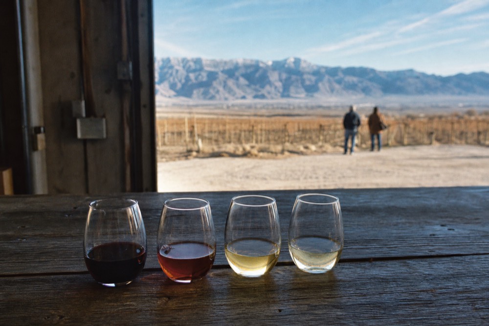 A tasting flight of four small wine pours lined up on a weathered wooden bar top with vine rows blurred beyond an open doorway