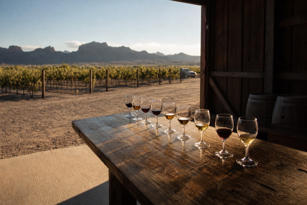 Long wooden tasting bar with a row of filled glasses catching afternoon light through an open barn door