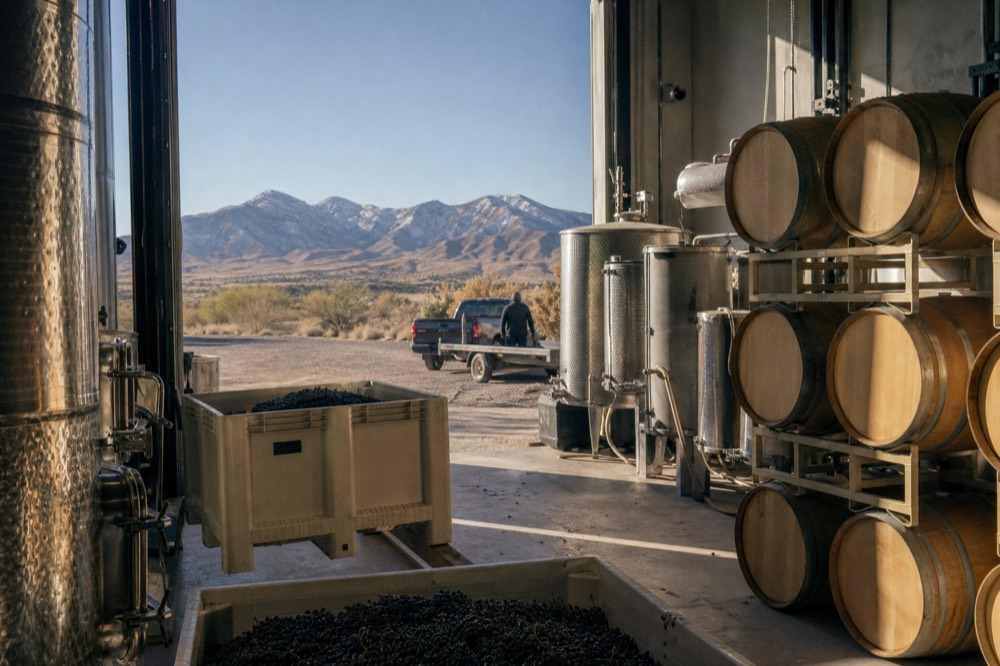 Stainless fermentation tanks and stacked oak barrels in a working winery with harvest crates on the floor