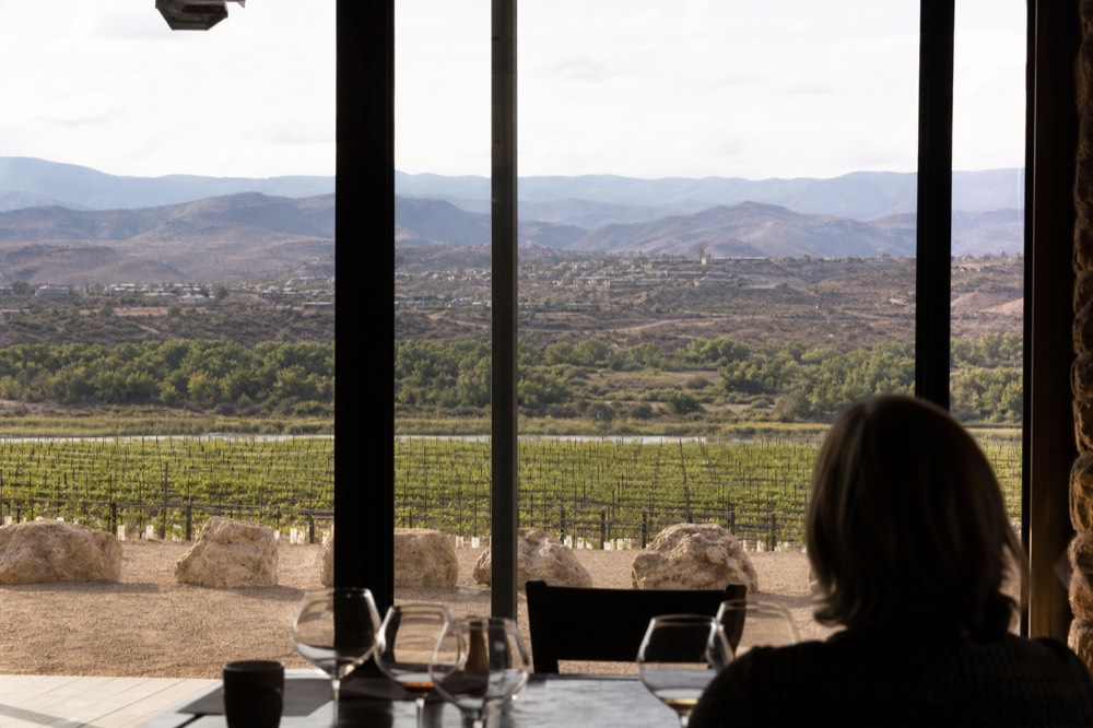View across a wide desert valley toward a distant hillside town, vineyard blocks and green riverside trees in the middle distance