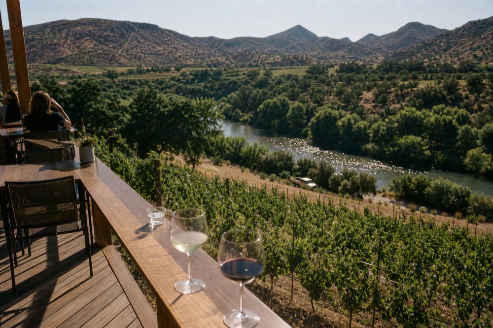Wooden deck seating above terraced vine rows, wine glasses on a rail, warm low sun across a green creek valley