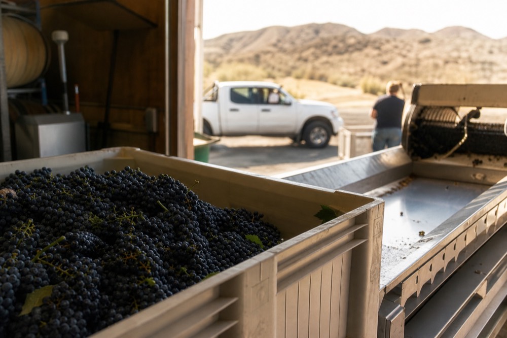 Freshly picked dark grape clusters in a plastic harvest bin beside a stainless steel crush pad