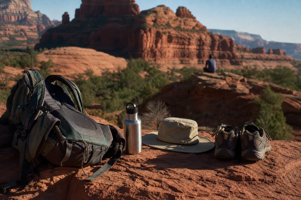 Daypack, wide-brimmed hat, water bottle and hiking shoes laid out on a red rock ledge at dawn