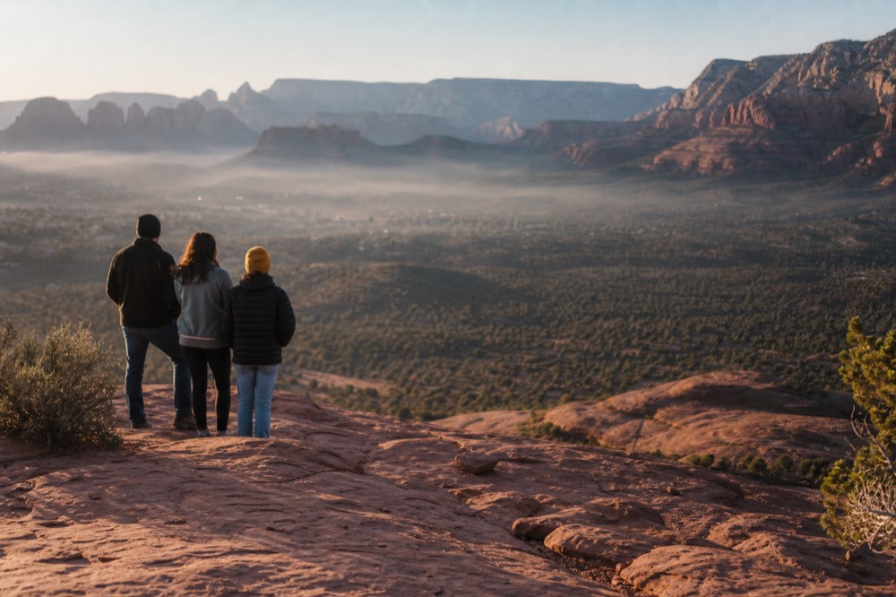 Small group standing on a flat red rock ledge at sunrise looking out over a wide desert basin
