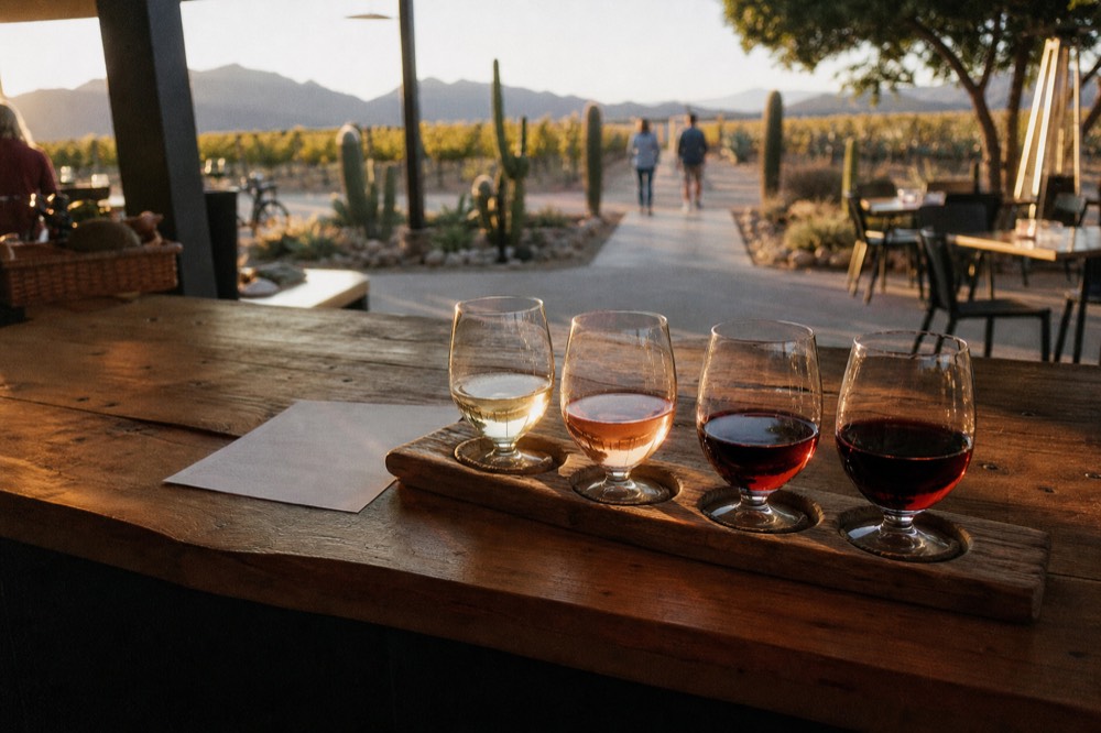 A tasting flight of four small wine glasses on a wooden board beside a printed card, on a bar top in warm evening light