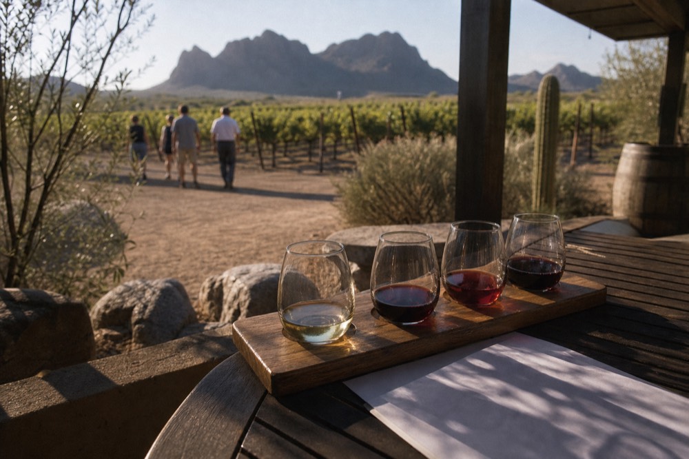 Flight of four small wine pours on a wooden board beside a paper tasting sheet on a shaded patio table