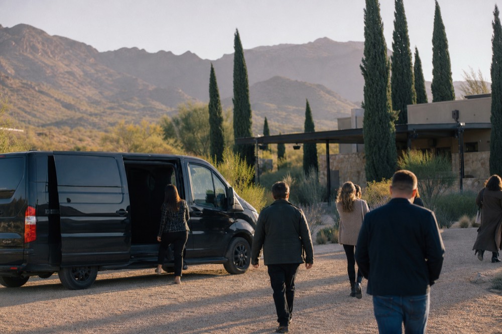 Small group of adults stepping out of a black passenger van onto gravel beside a low winery building framed by cypress trees