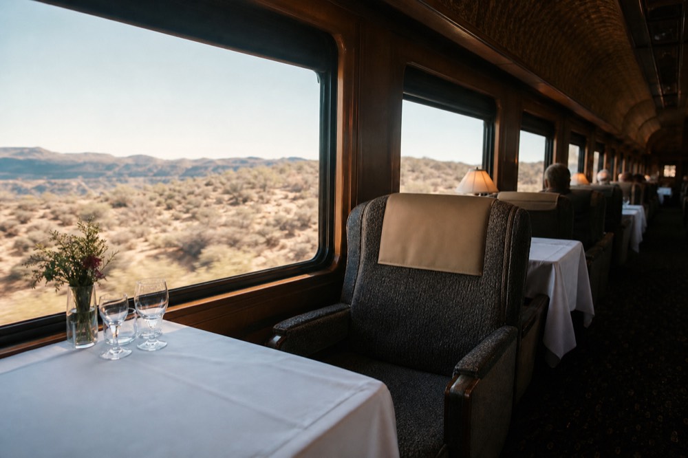 Interior of a first-class rail carriage with facing armchairs, white-clothed tables and wine glasses beside wide windows