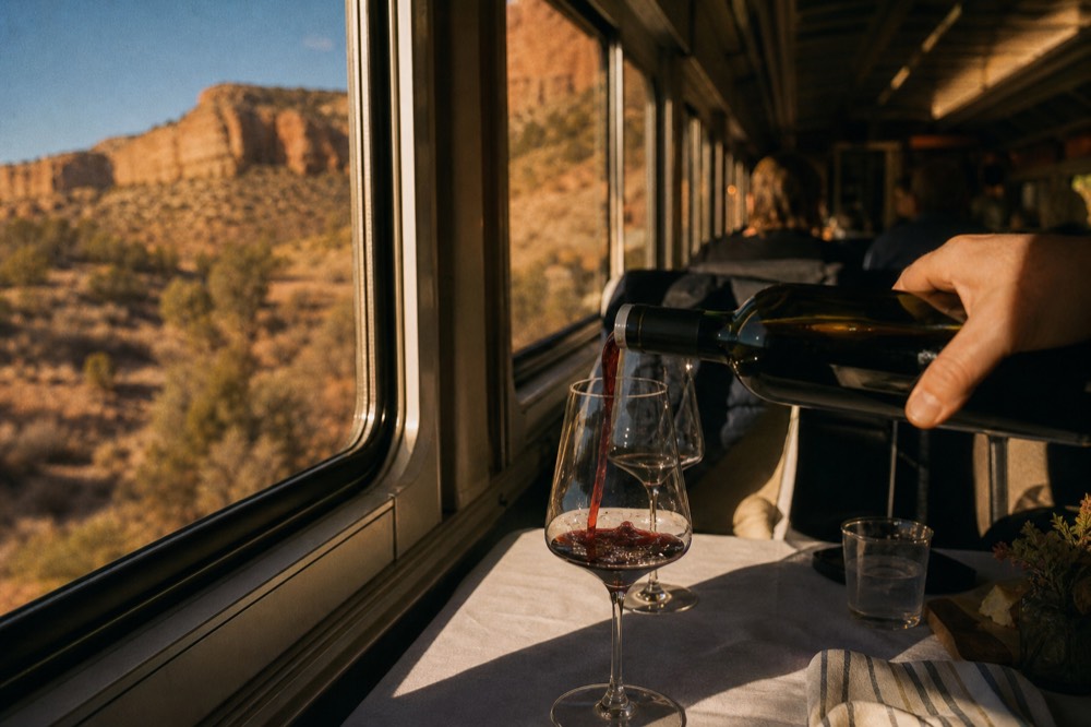 Hand pouring red wine into a stemmed glass on a small table beside a train window with blurred canyon rock outside