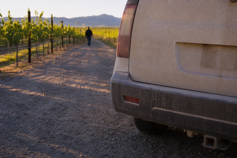 Close view of a dusty vehicle rear bumper on a gravel vineyard driveway, blank plate area, trellised vines receding behind
