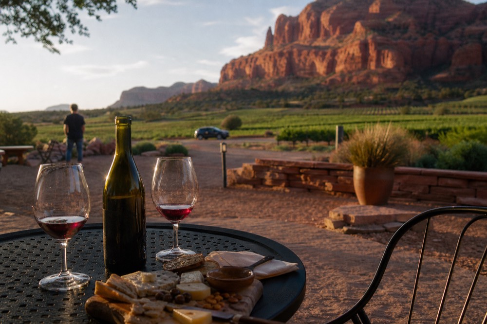 A shaded outdoor table on a vineyard patio with an open bottle, two glasses and a board of cheese, green rows and a distant red rock ridge beyond