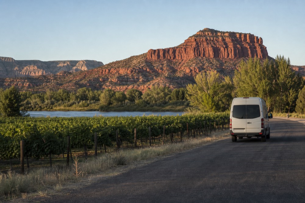 A small touring van on a rural road beside vine rows with a river treeline visible in the middle distance
